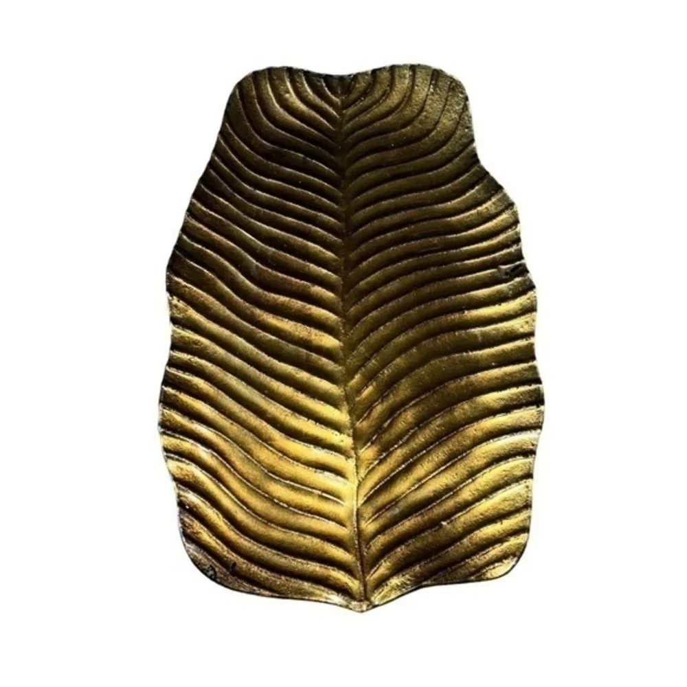Handcrafted XLarge Metallic Gold Glass Leaf Serving Catering Platter Unique Rare